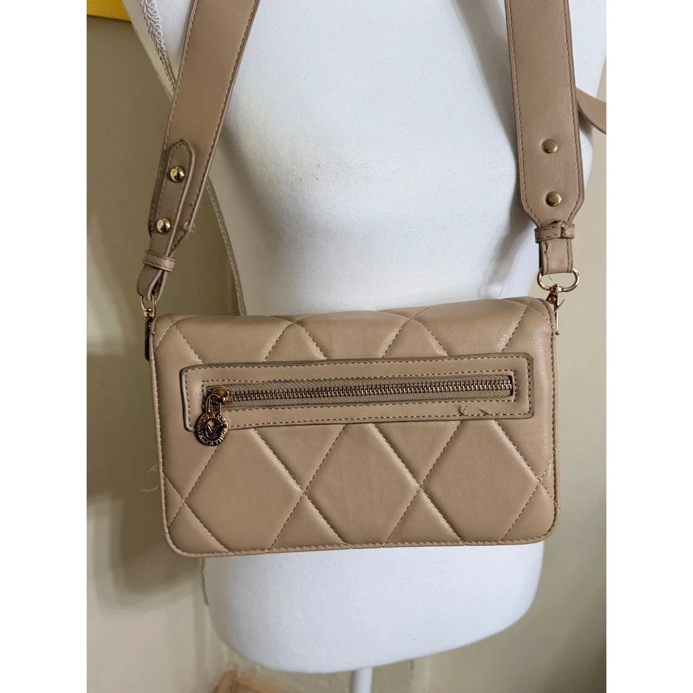 Valentino Orlandi Beige Quilted Leather Crossbody Bag Gold Hardware V Logo